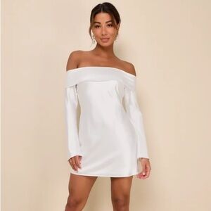 Lulu’s Luxurious Vision White Satin Off-the-Shoulder Mini Dress